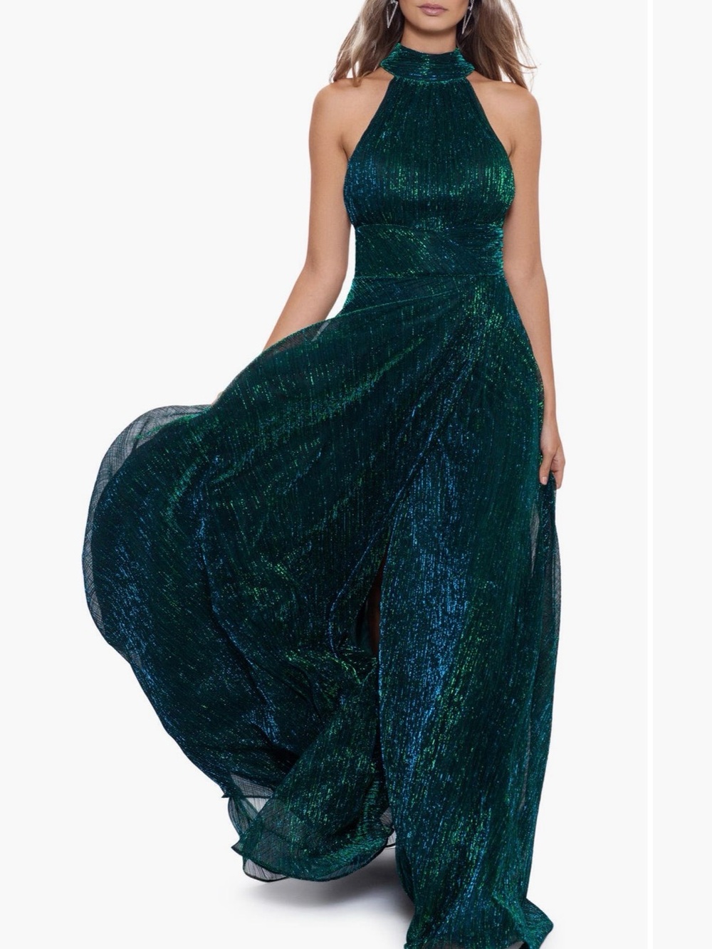 Betsy & Adam Teal and Emerald Halter Maxi Gown